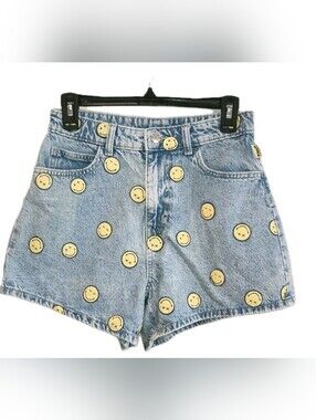 Women's Denim High Waist Shorts XS Primark Smiley World Face Happy Emoji